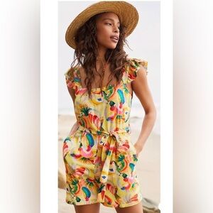 Farm Rio Tropical Print Sleeveless Belted Ruffle Romper Yellow Medium